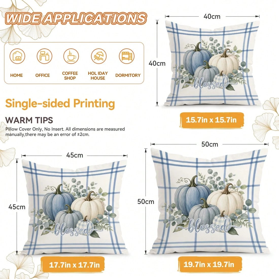 4pcs Blue Pumpkin Autumn Pattern Single-Sided Printed Pillow Covers/Cushion Covers, Multi-Scene Atmosphere Decor Pillow Covers Suitable For Living Room, Sofa, Bedroom, Without Pillow Insert