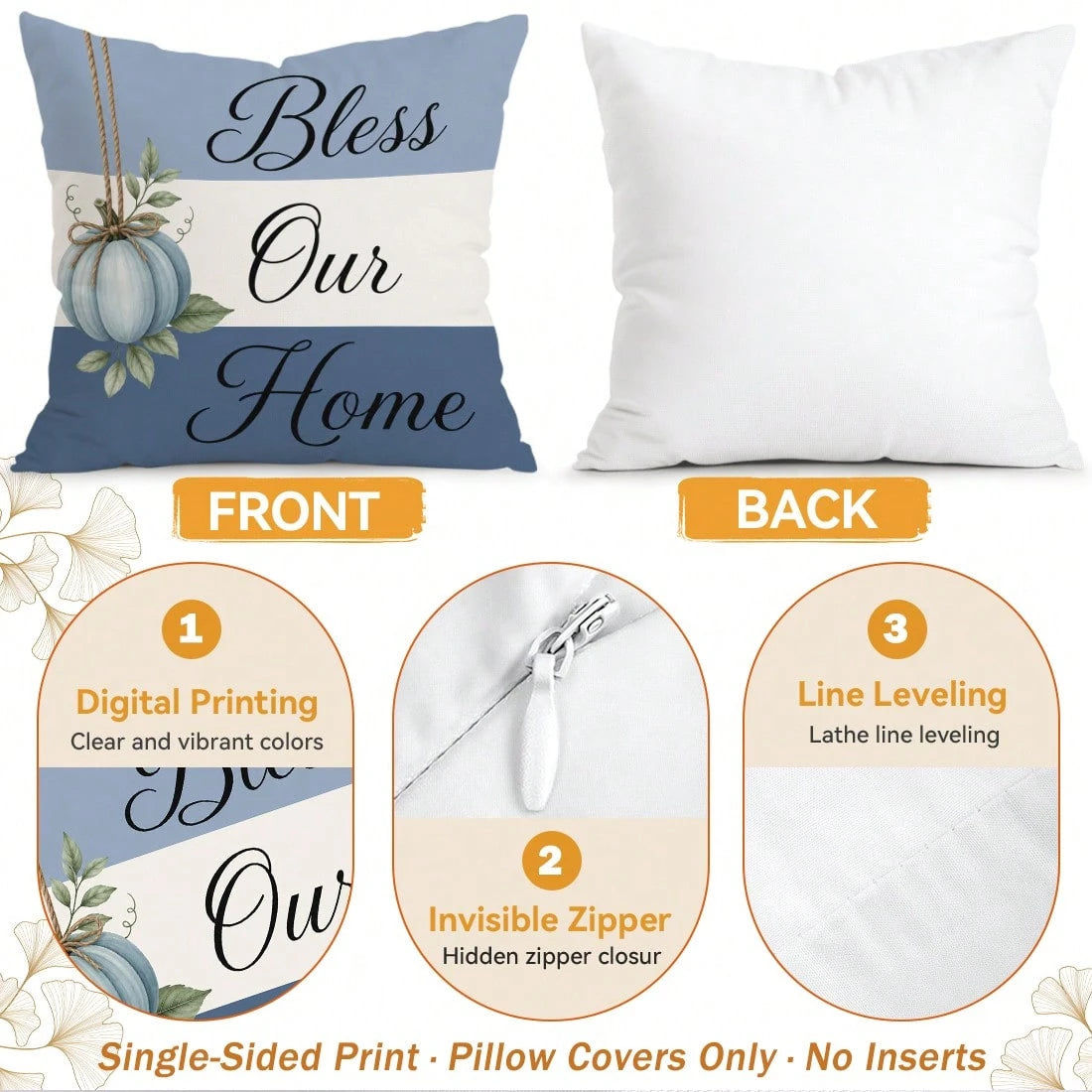 4pcs Blue Pumpkin Autumn Pattern Single-Sided Printed Pillow Covers/Cushion Covers, Multi-Scene Atmosphere Decor Pillow Covers Suitable For Living Room, Sofa, Bedroom, Without Pillow Insert