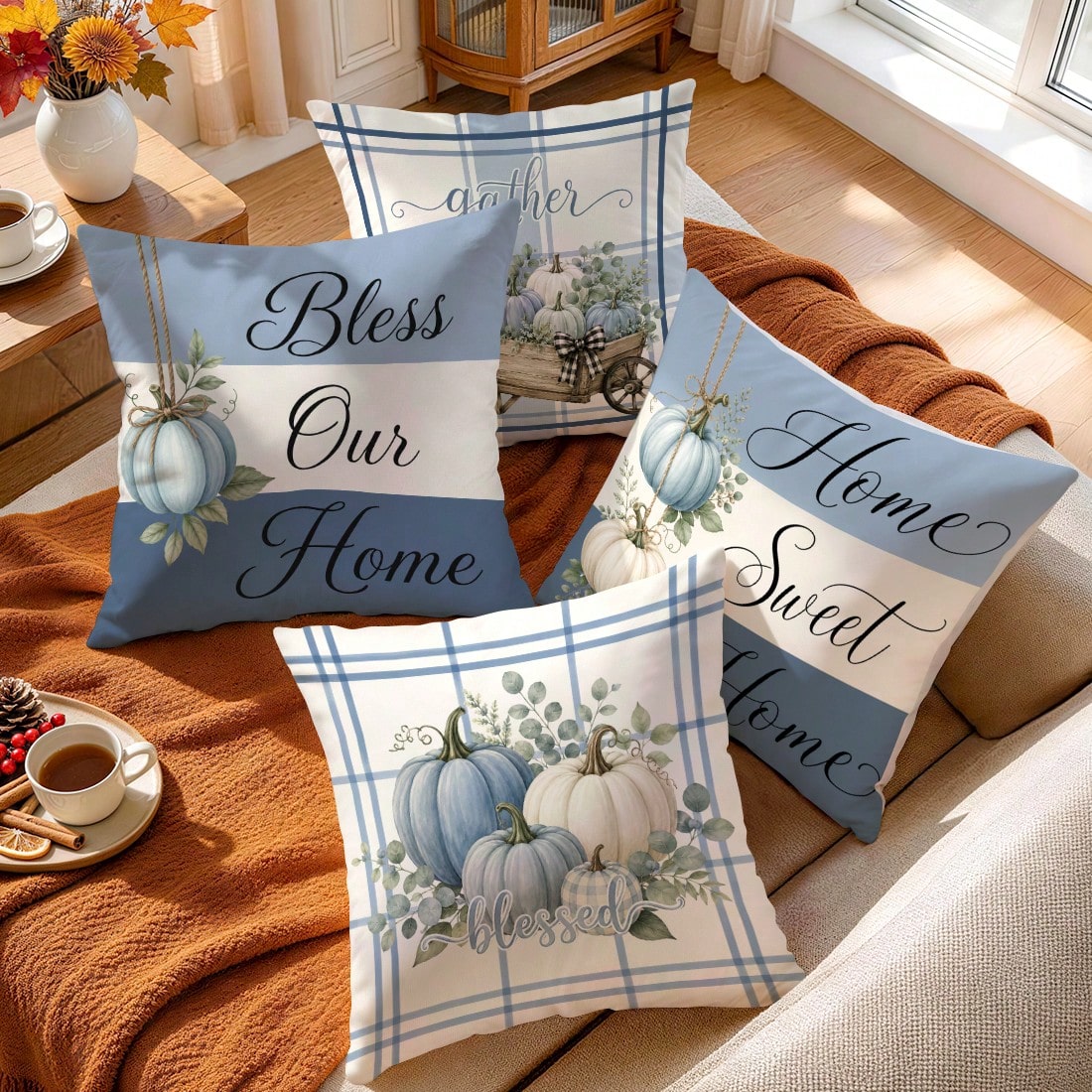 4pcs Blue Pumpkin Autumn Pattern Single-Sided Printed Pillow Covers/Cushion Covers, Multi-Scene Atmosphere Decor Pillow Covers Suitable For Living Room, Sofa, Bedroom, Without Pillow Insert