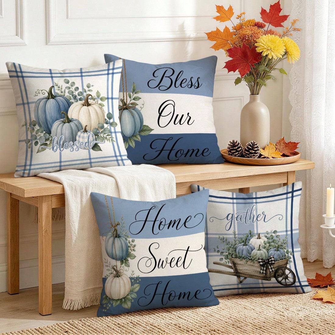 4pcs Blue Pumpkin Autumn Pattern Single-Sided Printed Pillow Covers/Cushion Covers, Multi-Scene Atmosphere Decor Pillow Covers Suitable For Living Room, Sofa, Bedroom, Without Pillow Insert