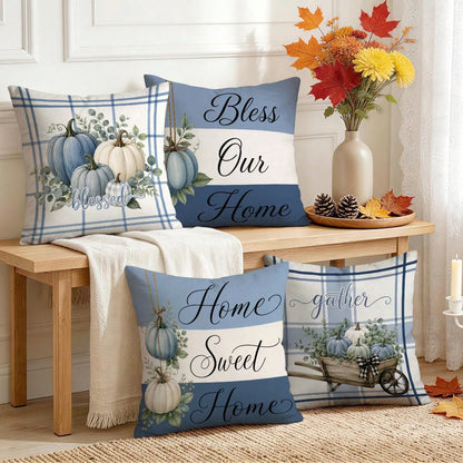 4pcs Blue Pumpkin Autumn Pattern Single-Sided Printed Pillow Covers/Cushion Covers, Multi-Scene Atmosphere Decor Pillow Covers Suitable For Living Room, Sofa, Bedroom, Without Pillow Insert