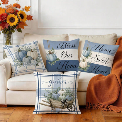4pcs Blue Pumpkin Autumn Pattern Single-Sided Printed Pillow Covers/Cushion Covers, Multi-Scene Atmosphere Decor Pillow Covers Suitable For Living Room, Sofa, Bedroom, Without Pillow Insert