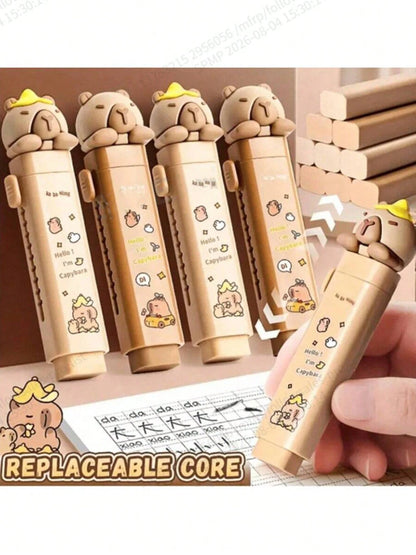 4pcs Capybara Themed Retractable Erasers| Cartoon Multi-Color Design, Push-Pull Structure| High-Quality Pencil And Pen Erasers| No Residue, Easy To Store