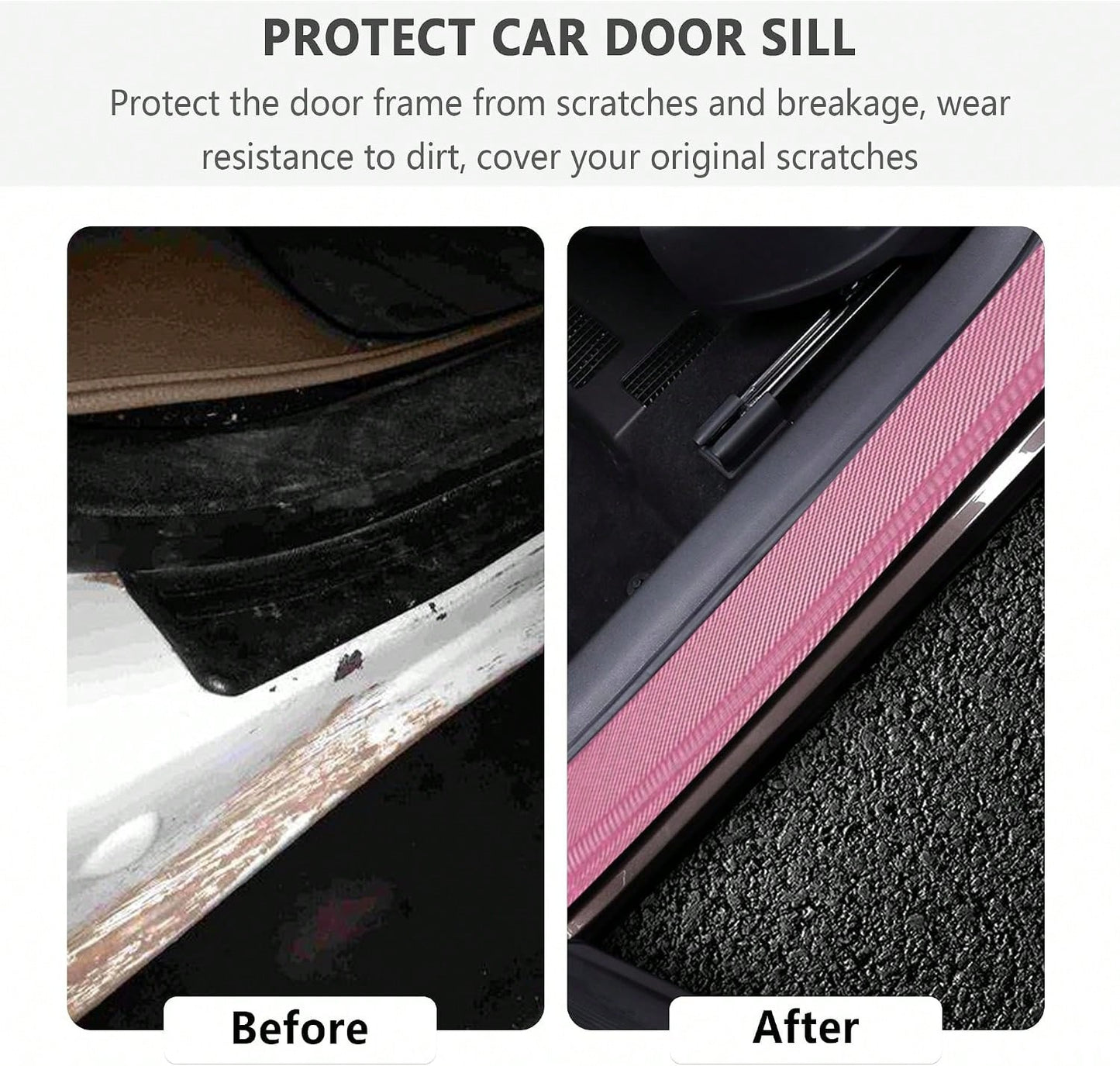4PCS Car Door Sill Protector With Scraper,Carbon Fiber Car Door Protector Edge Guards For Front Rear Door Sills,Universal Anti-Scratch Car Door Threshold Strips (Pink)