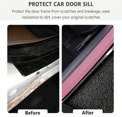 4PCS Car Door Sill Protector With Scraper,Carbon Fiber Car Door Protector Edge Guards For Front Rear Door Sills,Universal Anti-Scratch Car Door Threshold Strips (Pink)