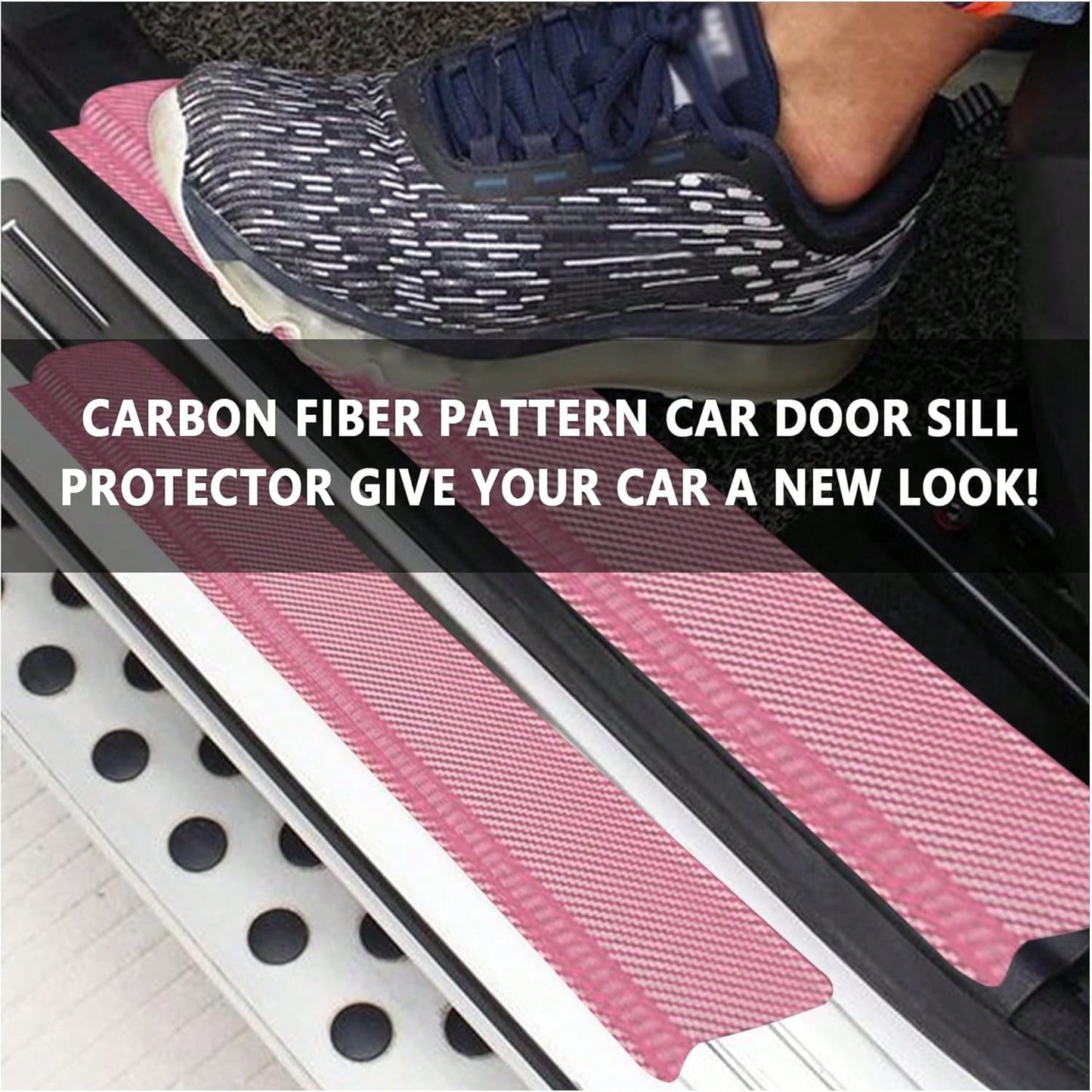 4PCS Car Door Sill Protector With Scraper,Carbon Fiber Car Door Protector Edge Guards For Front Rear Door Sills,Universal Anti-Scratch Car Door Threshold Strips (Pink)