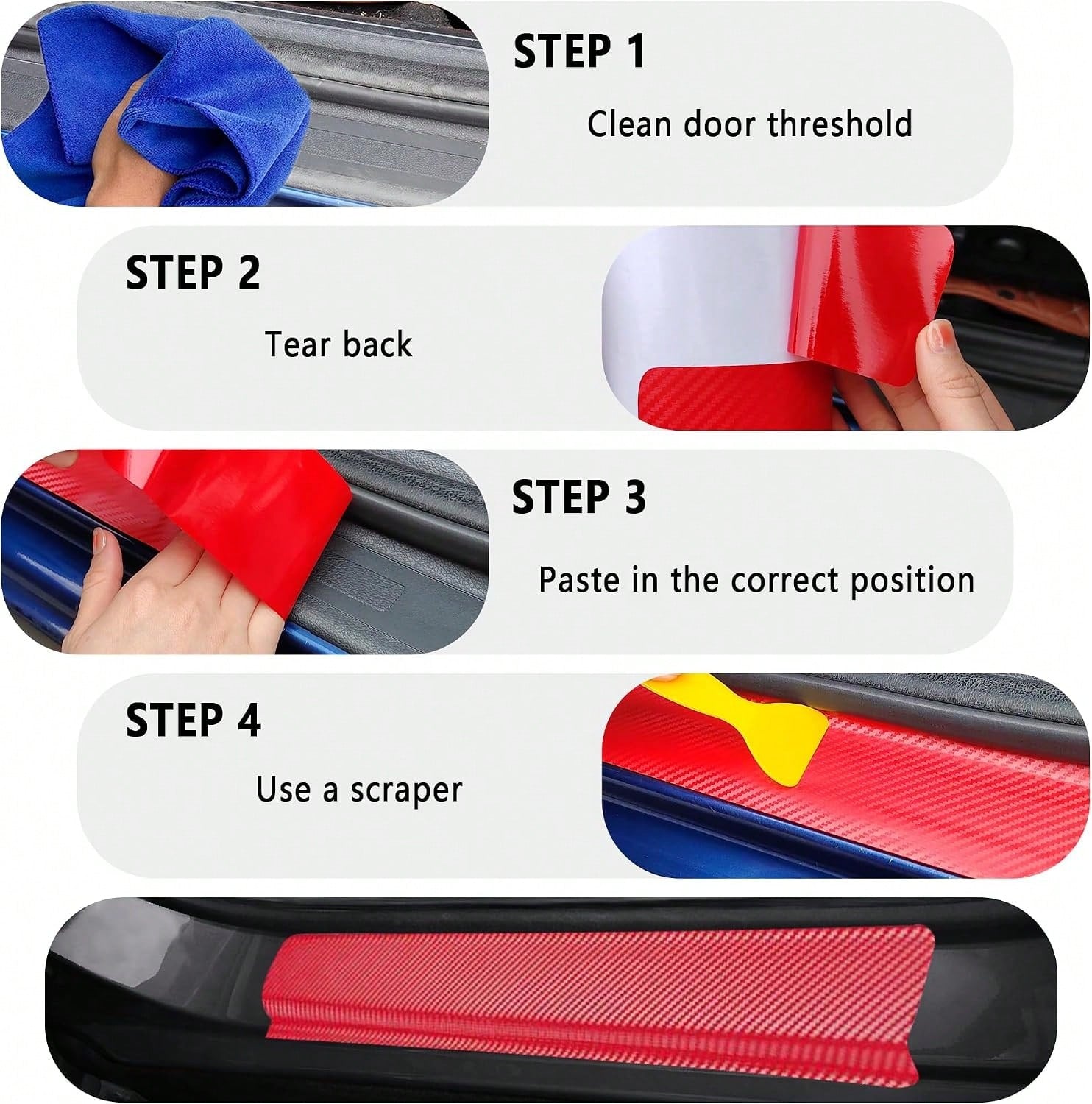 4PCS Car Door Sill Protector With Scraper,Carbon Fiber Car Door Protector Edge Guards For Front Rear Door Sills,Universal Anti-Scratch Car Door Threshold Strips (Pink)