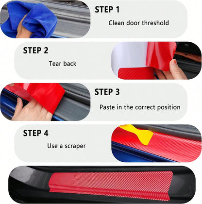 4PCS Car Door Sill Protector With Scraper,Carbon Fiber Car Door Protector Edge Guards For Front Rear Door Sills,Universal Anti-Scratch Car Door Threshold Strips (Pink)