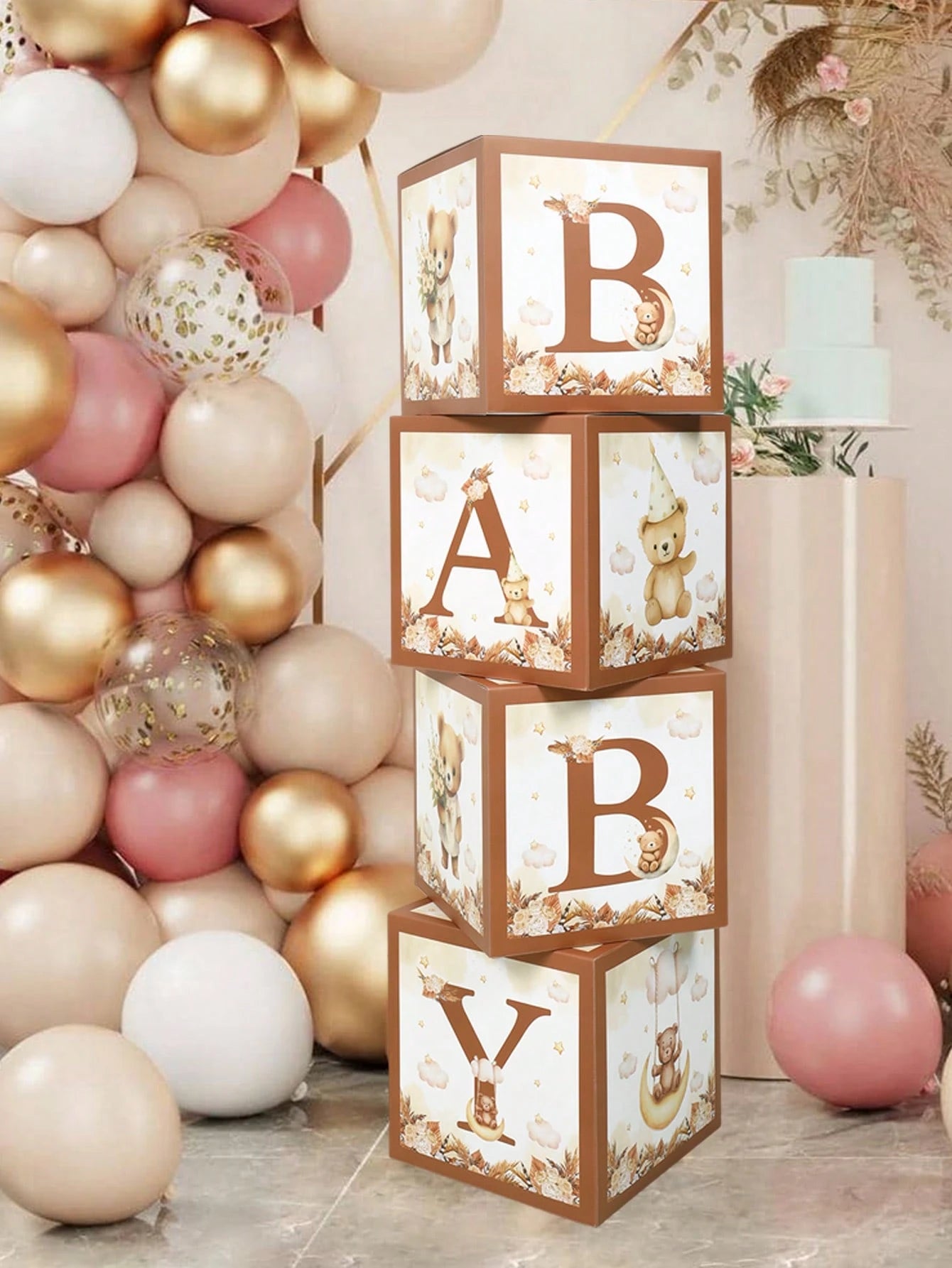 4pcs Cute Bear Theme Gender Reveal Decoration Balloon Box, Adorable Brown Bear Pattern, Suitable For Baby Shower, Newborn Boy/Girl Party Decor, Gender Reveal Party Decoration Gift Box, Baby Party Phot
