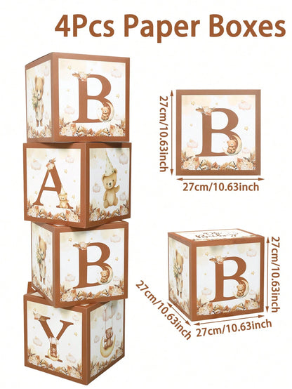 4pcs Cute Bear Theme Gender Reveal Decoration Balloon Box, Adorable Brown Bear Pattern, Suitable For Baby Shower, Newborn Boy/Girl Party Decor, Gender Reveal Party Decoration Gift Box, Baby Party Phot