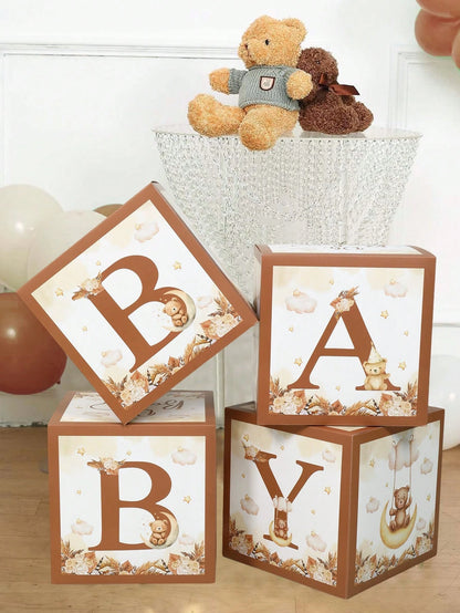 4pcs Cute Bear Theme Gender Reveal Decoration Balloon Box, Adorable Brown Bear Pattern, Suitable For Baby Shower, Newborn Boy/Girl Party Decor, Gender Reveal Party Decoration Gift Box, Baby Party Phot