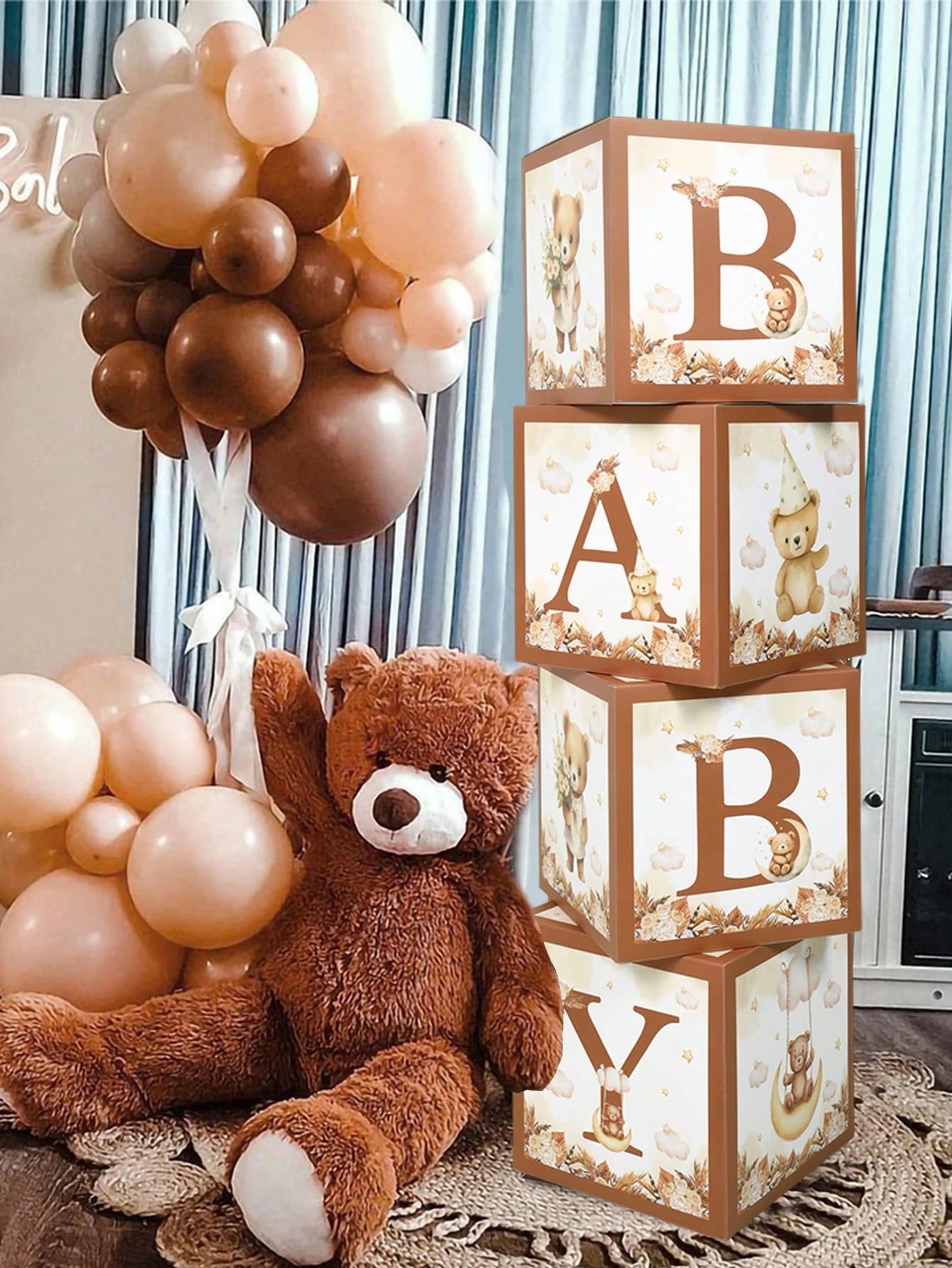 4pcs Cute Bear Theme Gender Reveal Decoration Balloon Box, Adorable Brown Bear Pattern, Suitable For Baby Shower, Newborn Boy/Girl Party Decor, Gender Reveal Party Decoration Gift Box, Baby Party Phot