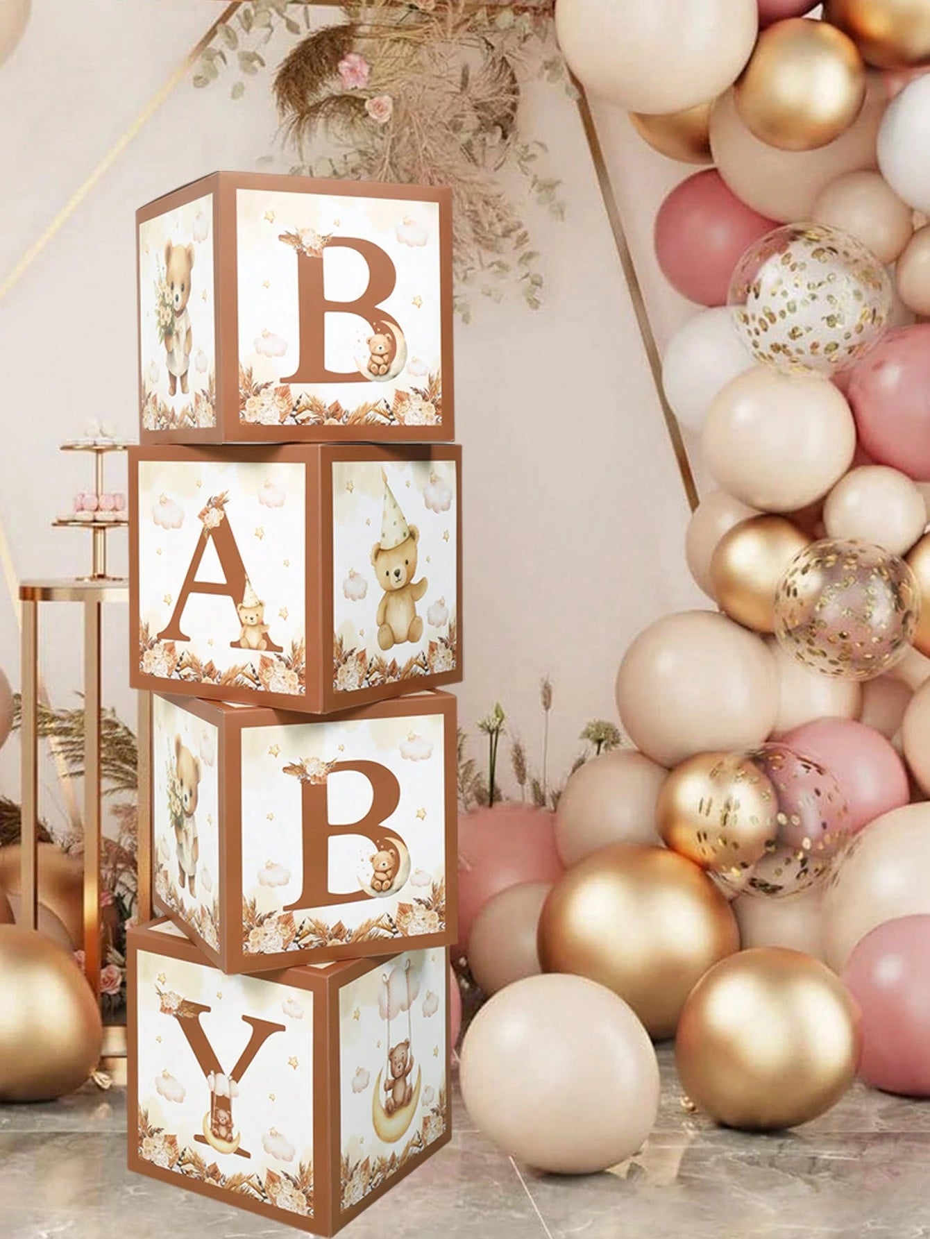 4pcs Cute Bear Theme Gender Reveal Decoration Balloon Box, Adorable Brown Bear Pattern, Suitable For Baby Shower, Newborn Boy/Girl Party Decor, Gender Reveal Party Decoration Gift Box, Baby Party Phot