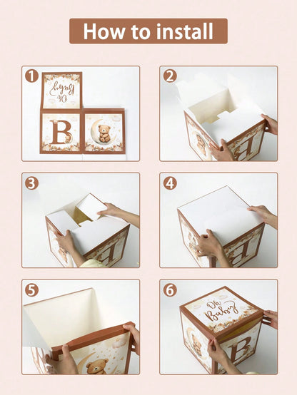 4pcs Cute Bear Theme Gender Reveal Decoration Balloon Box, Adorable Brown Bear Pattern, Suitable For Baby Shower, Newborn Boy/Girl Party Decor, Gender Reveal Party Decoration Gift Box, Baby Party Phot