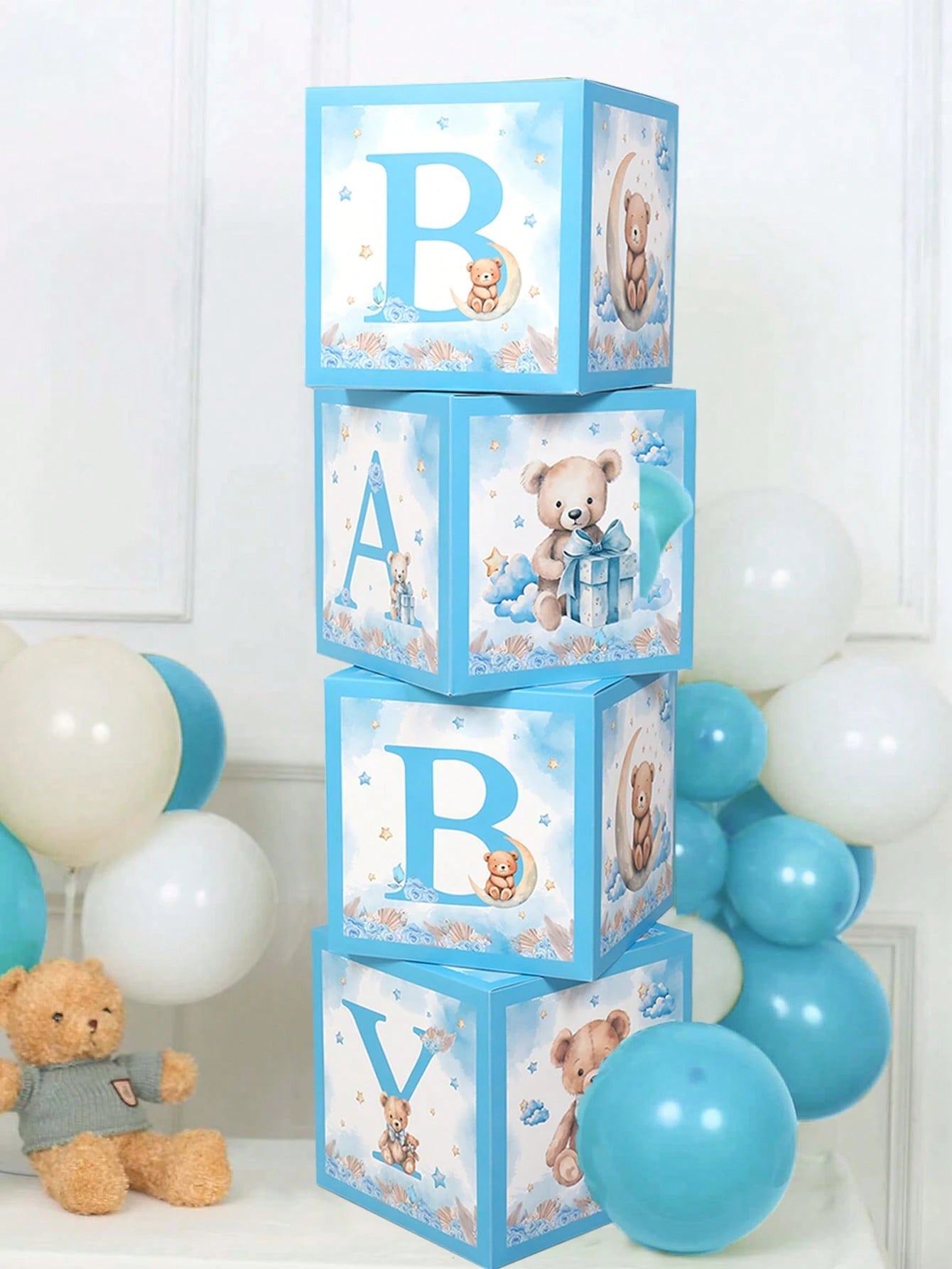 4pcs Cute Bear Theme Gender Reveal Decoration Balloon Box, Adorable Brown Bear Pattern, Suitable For Baby Shower, Newborn Boy/Girl Party Decor, Gender Reveal Party Decoration Gift Box, Baby Party Phot