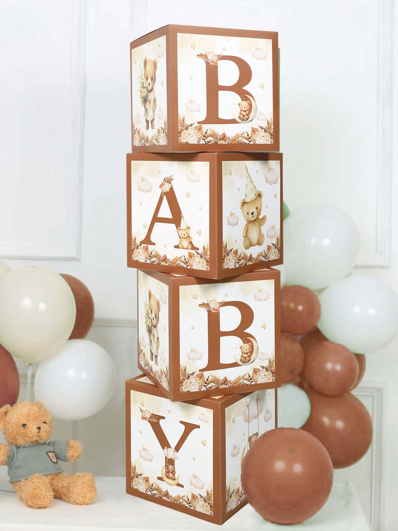 4pcs Cute Bear Theme Gender Reveal Decoration Balloon Box, Adorable Brown Bear Pattern, Suitable For Baby Shower, Newborn Boy/Girl Party Decor, Gender Reveal Party Decoration Gift Box, Baby Party Phot