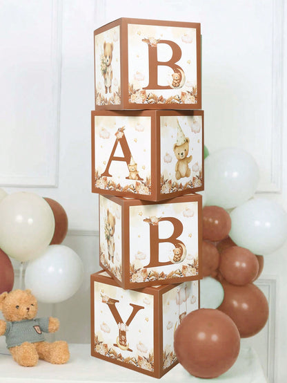 4pcs Cute Bear Theme Gender Reveal Decoration Balloon Box, Adorable Brown Bear Pattern, Suitable For Baby Shower, Newborn Boy/Girl Party Decor, Gender Reveal Party Decoration Gift Box, Baby Party Phot