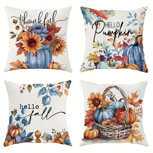 4pcs Fall Harvest Thanksgiving Throw Pillow Covers- Bright Pumpkin, Sunflower, Maple Leaf Patterns- Farmhouse Country Harvest Decor- 18x18 Inch,For Living Room, Bedroom.Room Decor,Fall Decor,Hallow