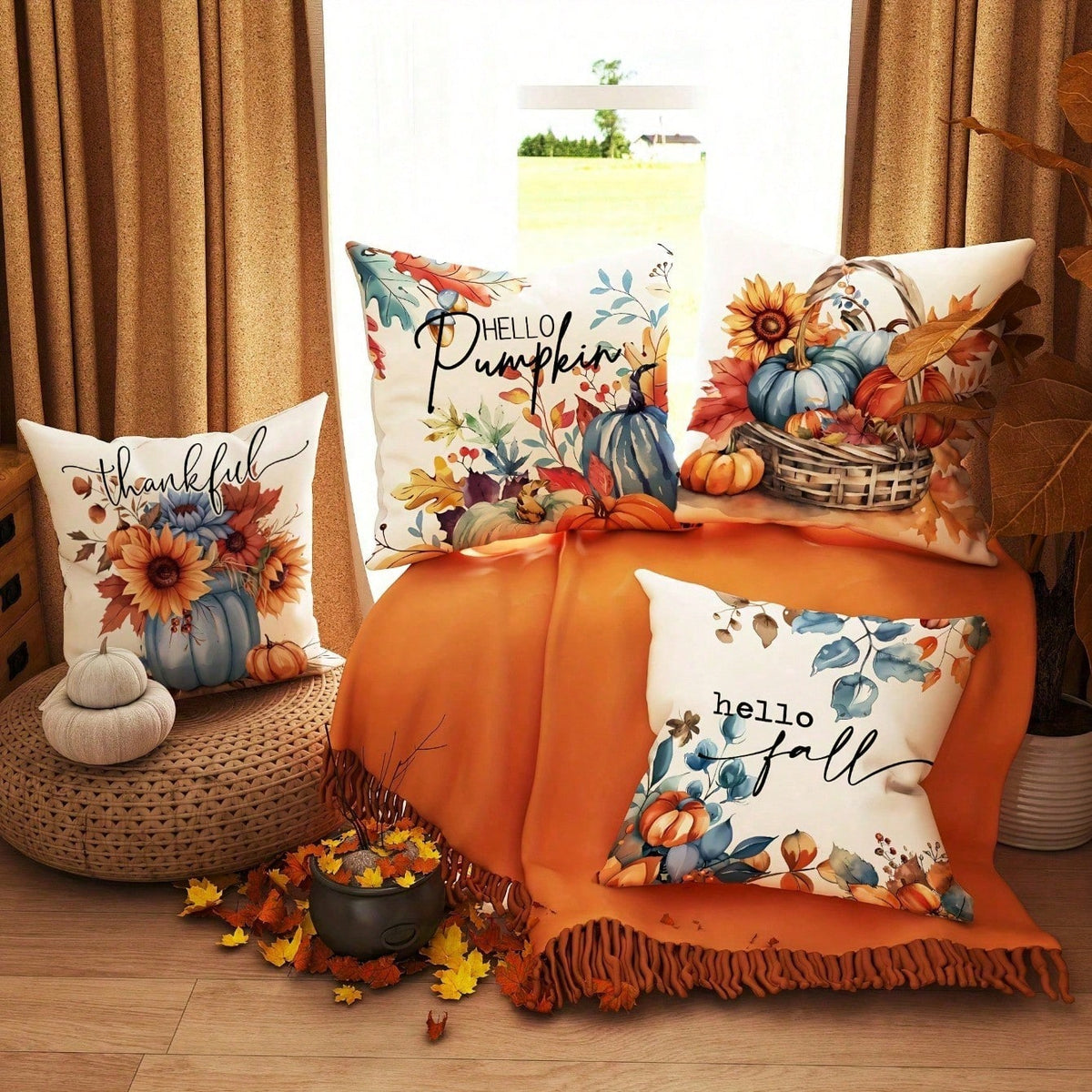 4pcs Fall Harvest Thanksgiving Throw Pillow Covers- Bright Pumpkin, Sunflower, Maple Leaf Patterns- Farmhouse Country Harvest Decor- 18x18 Inch,For Living Room, Bedroom.Room Decor,Fall Decor,Hallow