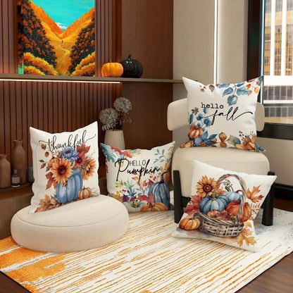 4pcs Fall Harvest Thanksgiving Throw Pillow Covers- Bright Pumpkin, Sunflower, Maple Leaf Patterns- Farmhouse Country Harvest Decor- 18x18 Inch,For Living Room, Bedroom.Room Decor,Fall Decor,Hallow