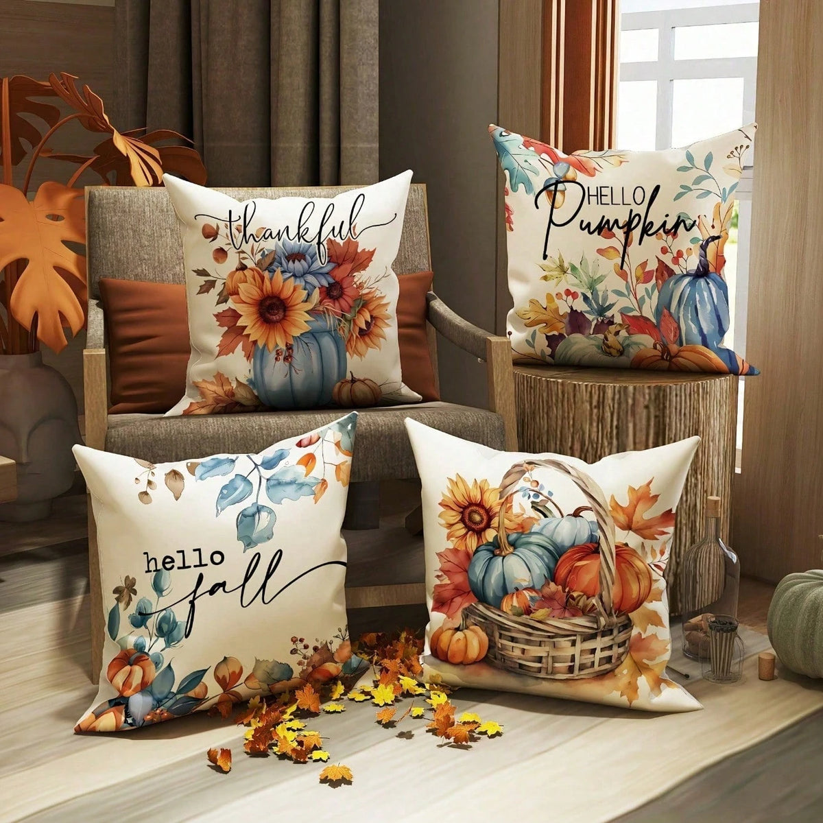 4pcs Fall Harvest Thanksgiving Throw Pillow Covers- Bright Pumpkin, Sunflower, Maple Leaf Patterns- Farmhouse Country Harvest Decor- 18x18 Inch,For Living Room, Bedroom.Room Decor,Fall Decor,Hallow