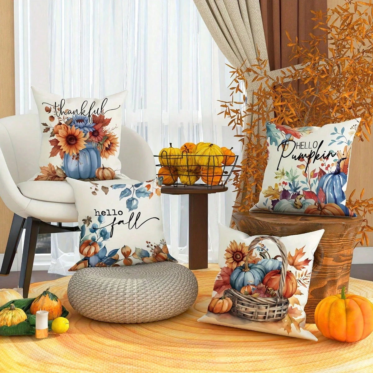 4pcs Fall Harvest Thanksgiving Throw Pillow Covers- Bright Pumpkin, Sunflower, Maple Leaf Patterns- Farmhouse Country Harvest Decor- 18x18 Inch,For Living Room, Bedroom.Room Decor,Fall Decor,Hallow