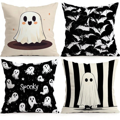 4pcs Halloween Ghost & Bat Pattern Pillow Covers, Single-Sided Printed Pillow Covers, Suitable For Living Room, Bedroom, Home Decor, All Season Pillow Covers