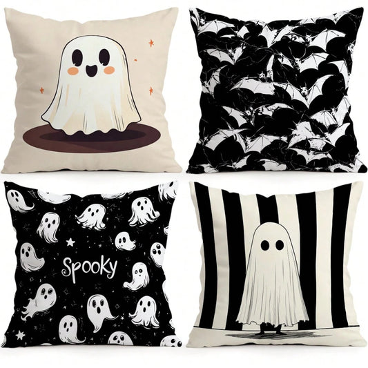 4pcs Halloween Ghost & Bat Pattern Pillow Covers, Single-Sided Printed Pillow Covers, Suitable For Living Room, Bedroom, Home Decor, All Season Pillow Covers