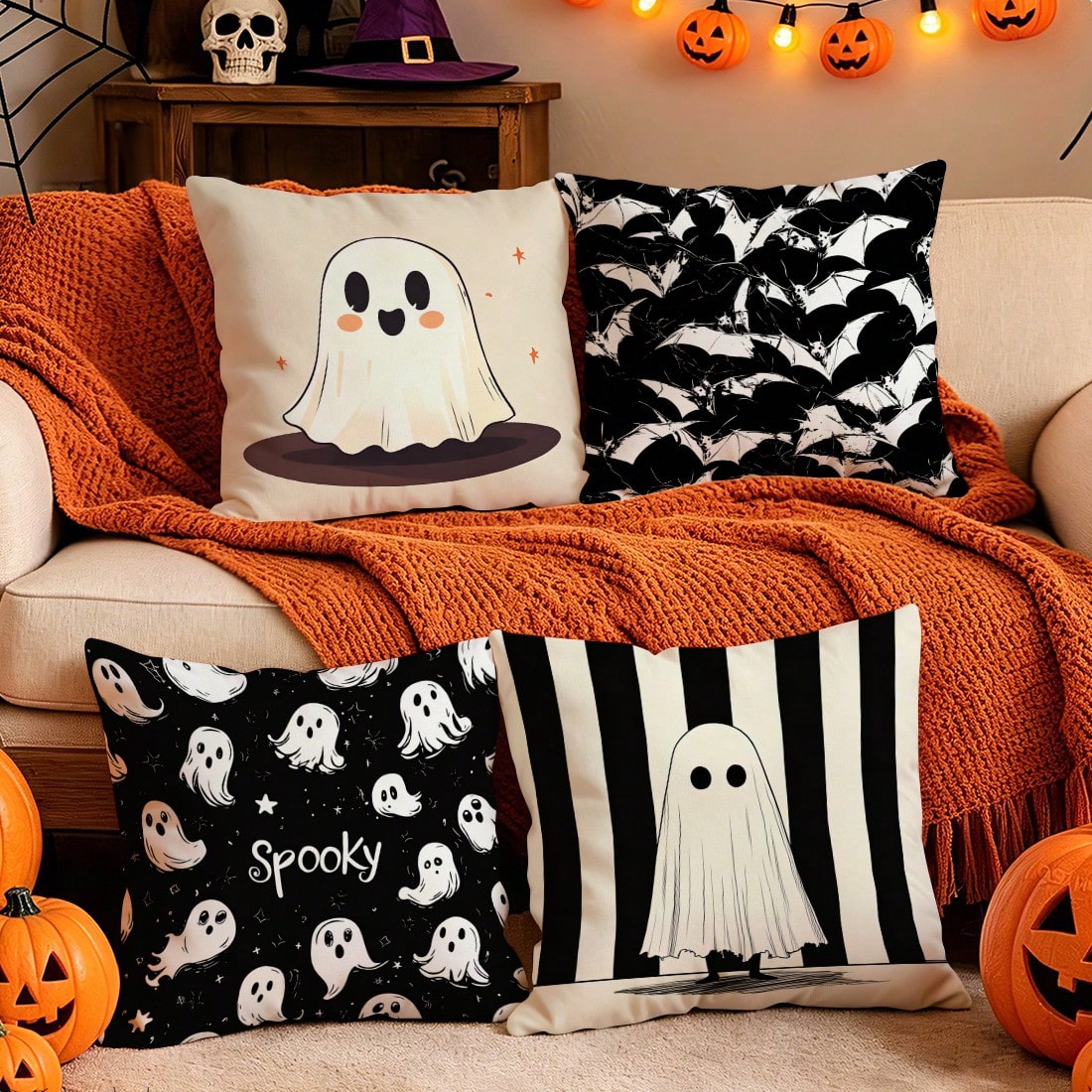 4pcs Halloween Ghost & Bat Pattern Pillow Covers, Single-Sided Printed Pillow Covers, Suitable For Living Room, Bedroom, Home Decor, All Season Pillow Covers