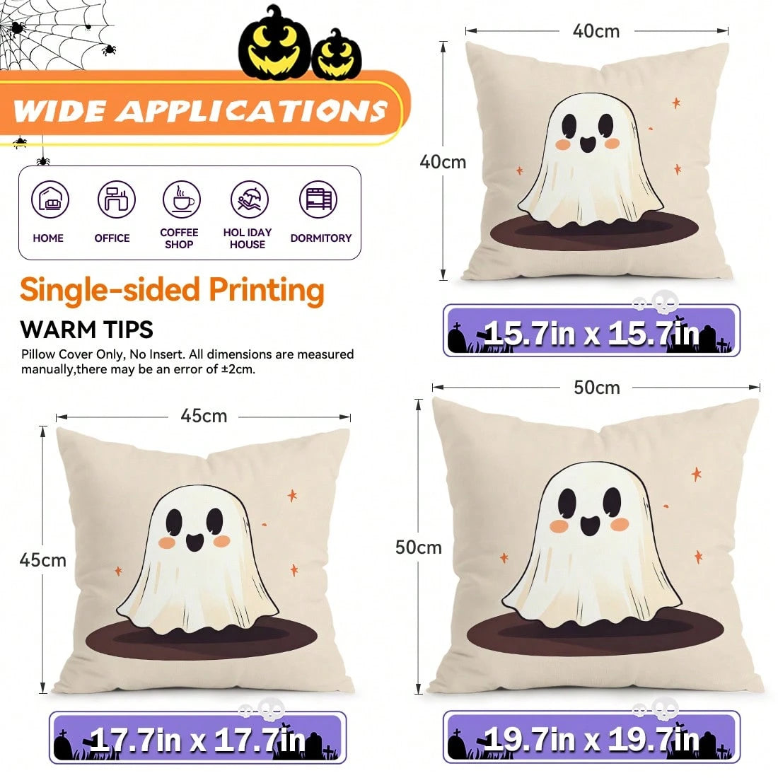 4pcs Halloween Ghost & Bat Pattern Pillow Covers, Single-Sided Printed Pillow Covers, Suitable For Living Room, Bedroom, Home Decor, All Season Pillow Covers