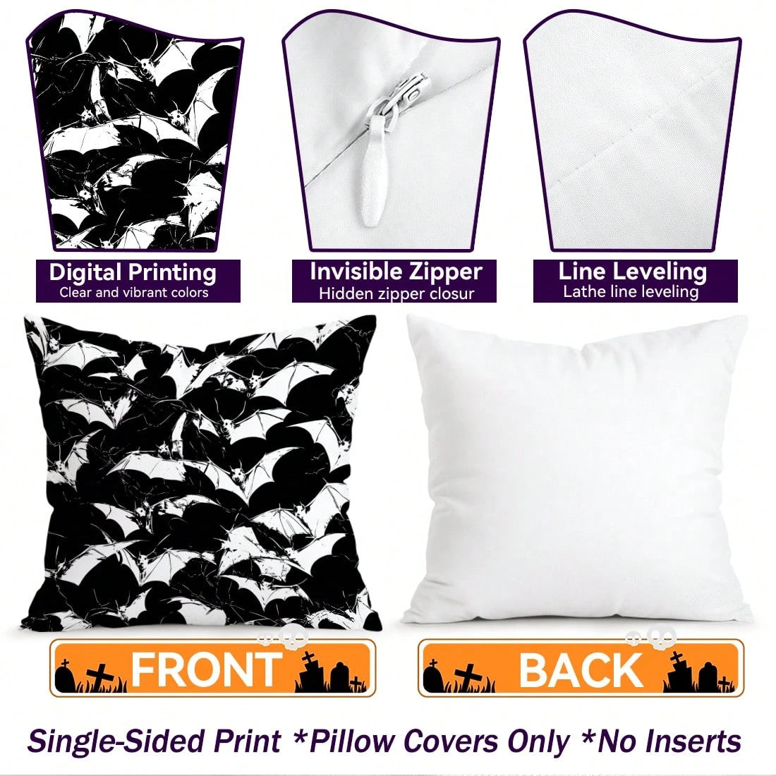 4pcs Halloween Ghost & Bat Pattern Pillow Covers, Single-Sided Printed Pillow Covers, Suitable For Living Room, Bedroom, Home Decor, All Season Pillow Covers