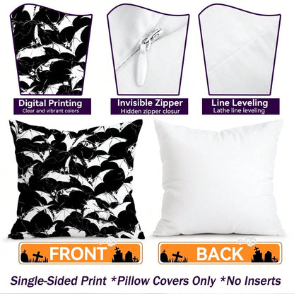4pcs Halloween Ghost & Bat Pattern Pillow Covers, Single-Sided Printed Pillow Covers, Suitable For Living Room, Bedroom, Home Decor, All Season Pillow Covers