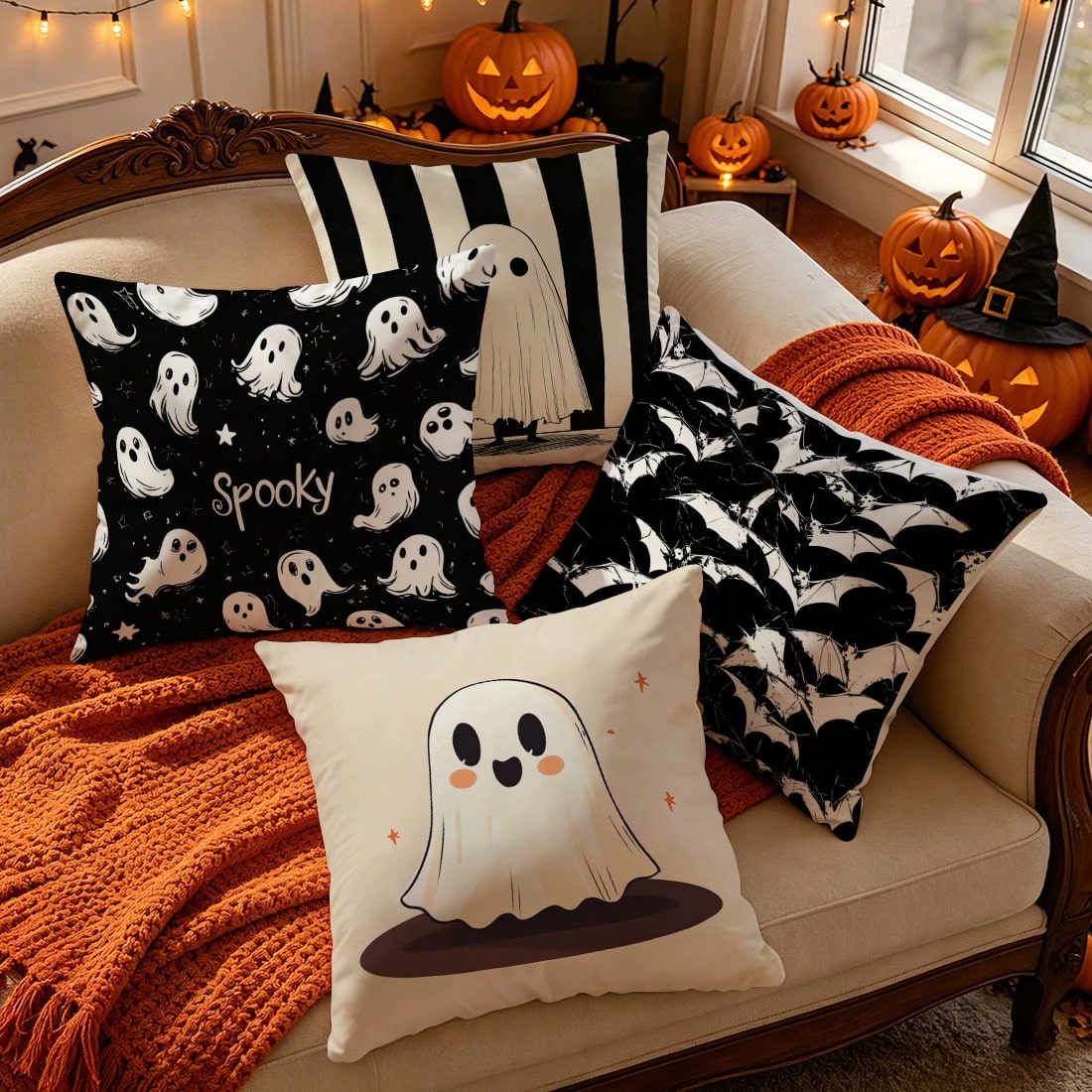 4pcs Halloween Ghost & Bat Pattern Pillow Covers, Single-Sided Printed Pillow Covers, Suitable For Living Room, Bedroom, Home Decor, All Season Pillow Covers