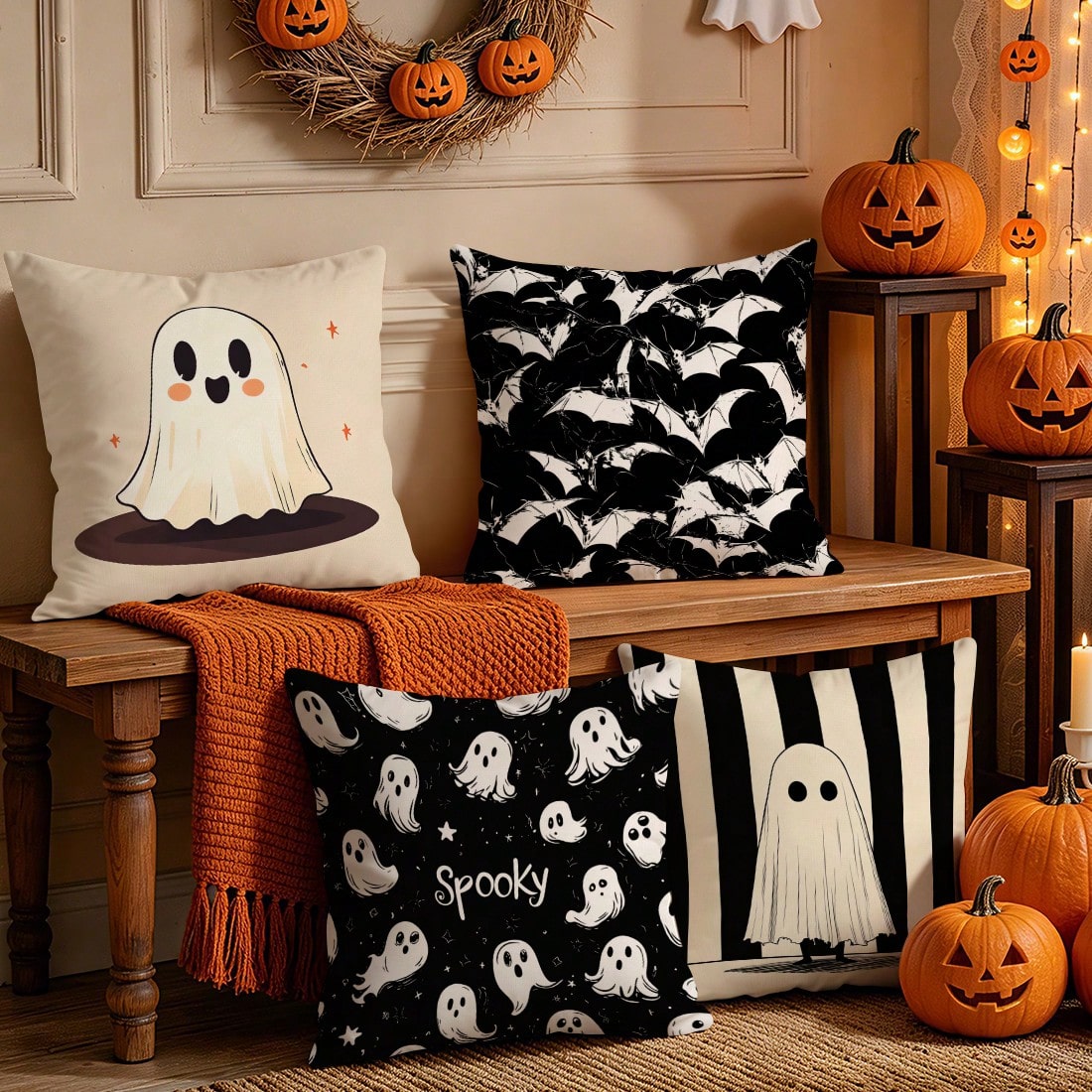 4pcs Halloween Ghost & Bat Pattern Pillow Covers, Single-Sided Printed Pillow Covers, Suitable For Living Room, Bedroom, Home Decor, All Season Pillow Covers