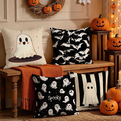 4pcs Halloween Ghost & Bat Pattern Pillow Covers, Single-Sided Printed Pillow Covers, Suitable For Living Room, Bedroom, Home Decor, All Season Pillow Covers