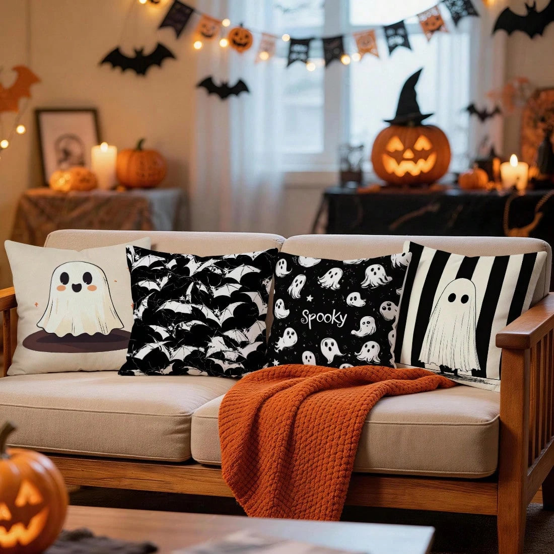 4pcs Halloween Ghost & Bat Pattern Pillow Covers, Single-Sided Printed Pillow Covers, Suitable For Living Room, Bedroom, Home Decor, All Season Pillow Covers