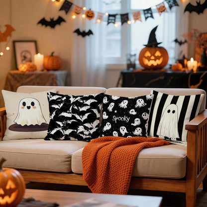 4pcs Halloween Ghost & Bat Pattern Pillow Covers, Single-Sided Printed Pillow Covers, Suitable For Living Room, Bedroom, Home Decor, All Season Pillow Covers