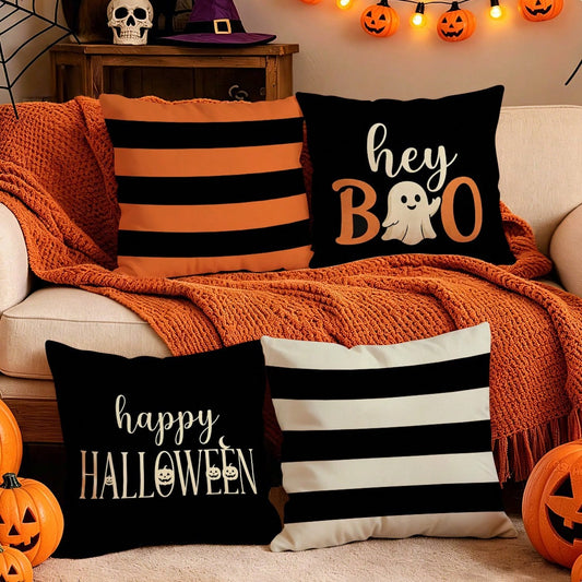 4pcs Happy Halloween Pattern Pillowcases/Cushion Covers, Single-Sided Print, Suitable For Living Room Sofa Bedroom Decoration, Without Pillow Inserts