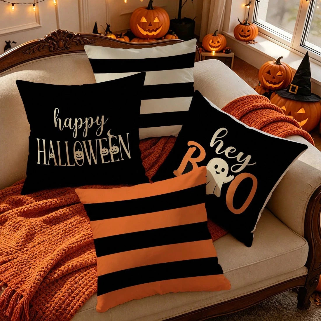 4pcs Happy Halloween Pattern Pillowcases/Cushion Covers, Single-Sided Print, Suitable For Living Room Sofa Bedroom Decoration, Without Pillow Inserts
