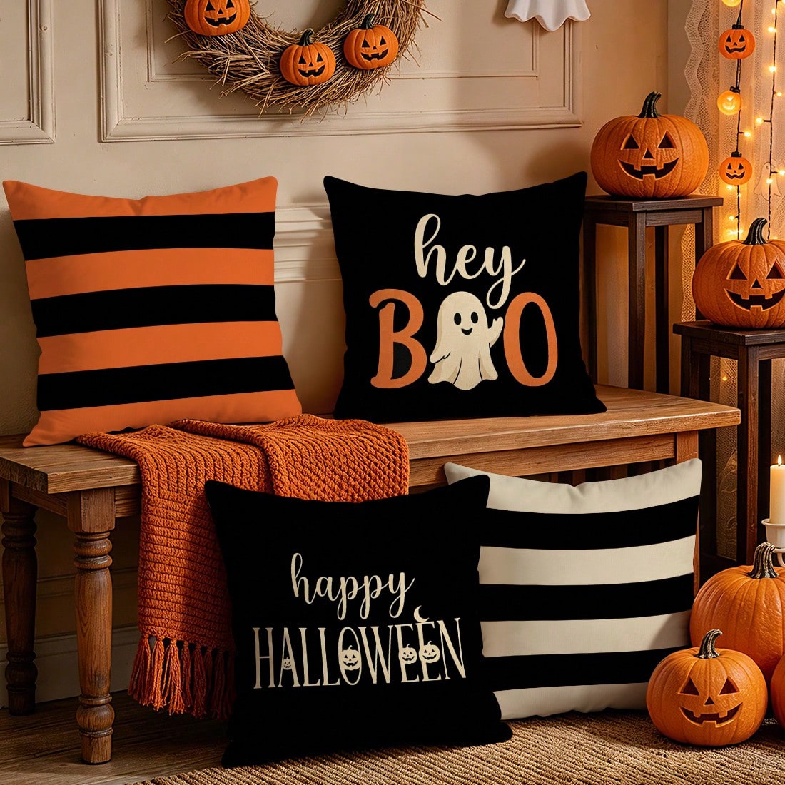4pcs Happy Halloween Pattern Pillowcases/Cushion Covers, Single-Sided Print, Suitable For Living Room Sofa Bedroom Decoration, Without Pillow Inserts