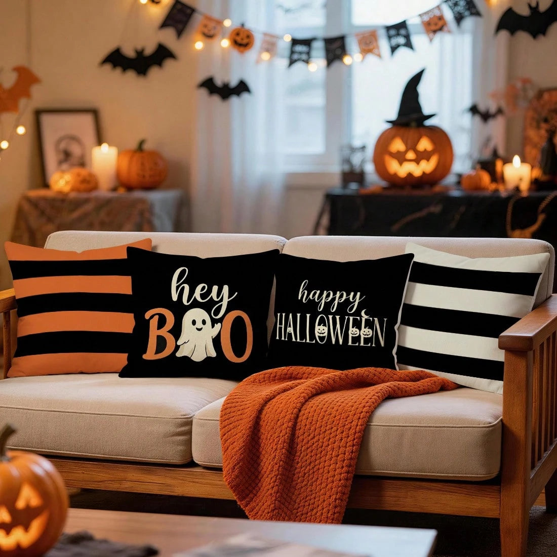4pcs Happy Halloween Pattern Pillowcases/Cushion Covers, Single-Sided Print, Suitable For Living Room Sofa Bedroom Decoration, Without Pillow Inserts