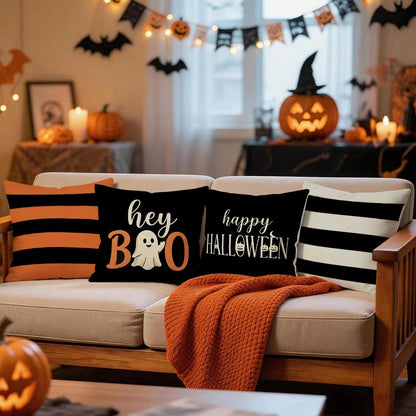 4pcs Happy Halloween Pattern Pillowcases/Cushion Covers, Single-Sided Print, Suitable For Living Room Sofa Bedroom Decoration, Without Pillow Inserts