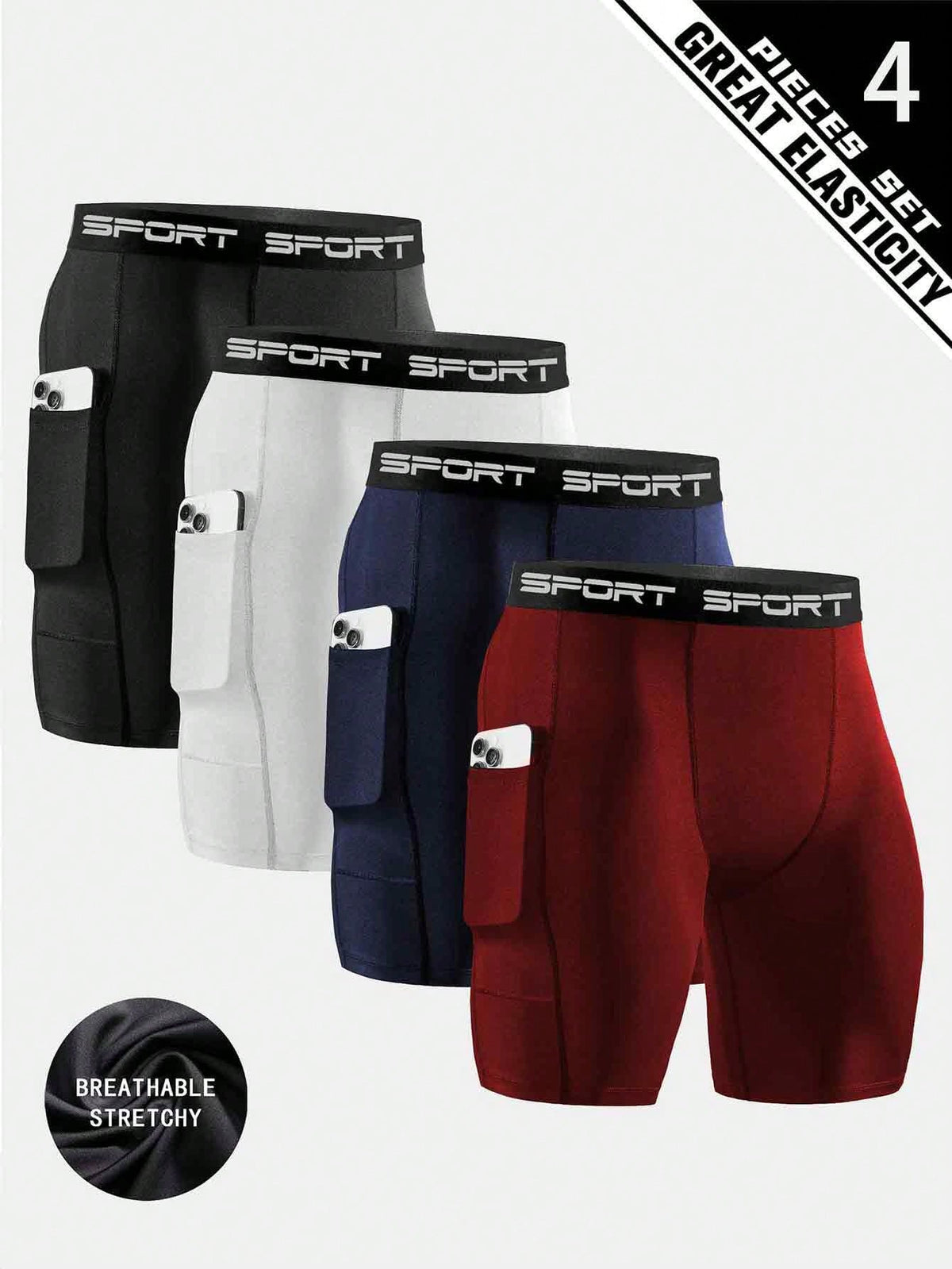 4pcs Men's High Elastic Compression Shorts, Quick Dry Polyester Running & Fitness Shorts With Pockets, Breathable Knit Fabric, Solid Color, Suitable For Sports And Training