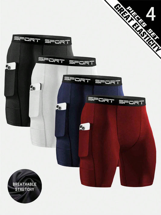 4pcs Men's High Elastic Compression Shorts, Quick Dry Polyester Running & Fitness Shorts With Pockets, Breathable Knit Fabric, Solid Color, Suitable For Sports And Training