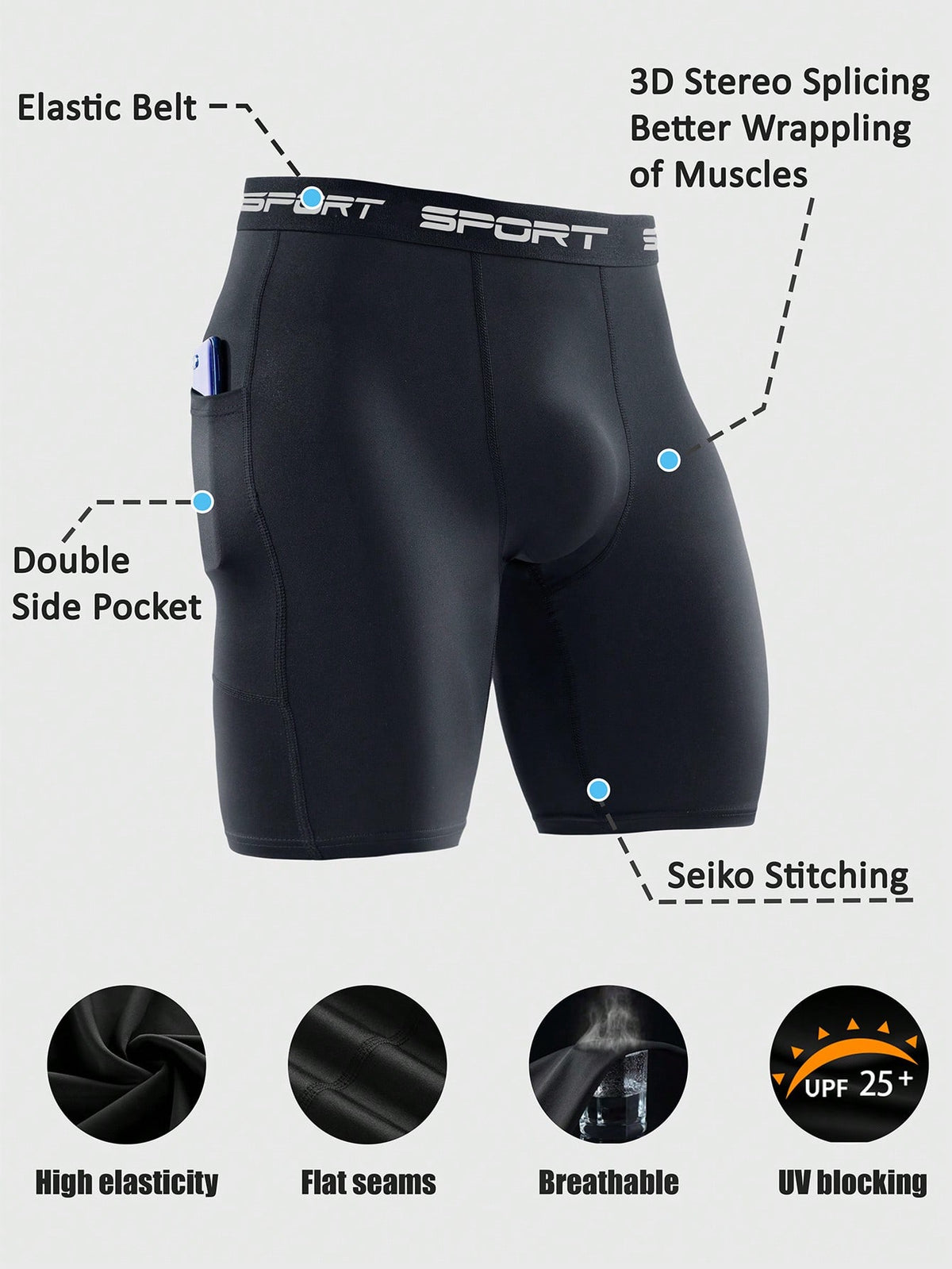 4pcs Men's High Elastic Compression Shorts, Quick Dry Polyester Running & Fitness Shorts With Pockets, Breathable Knit Fabric, Solid Color, Suitable For Sports And Training