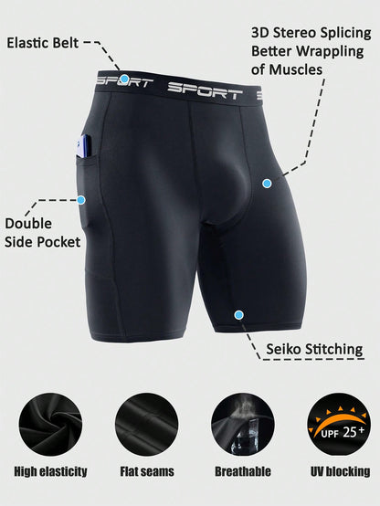 4pcs Men's High Elastic Compression Shorts, Quick Dry Polyester Running & Fitness Shorts With Pockets, Breathable Knit Fabric, Solid Color, Suitable For Sports And Training