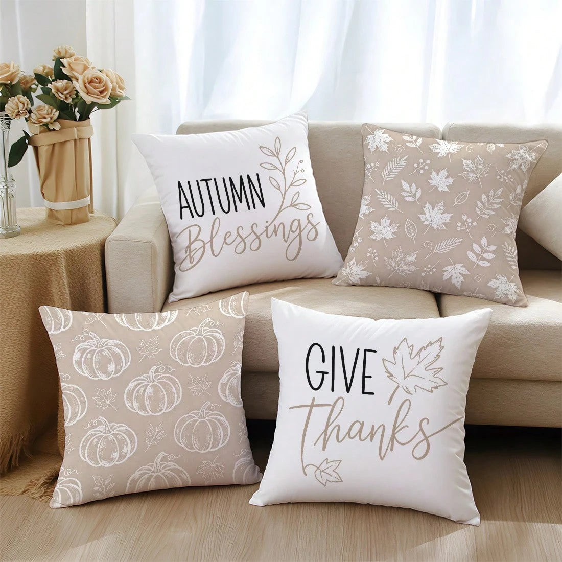 4pcs Milk Tea Color Line Pumpkin Plant Throw Pillow Covers, Single-Sided Printed Skin-Friendly Peach Skin Velvet Material, 45*45CM Cushion Covers Suitable For Home Bedroom Living Room Room Party Decor