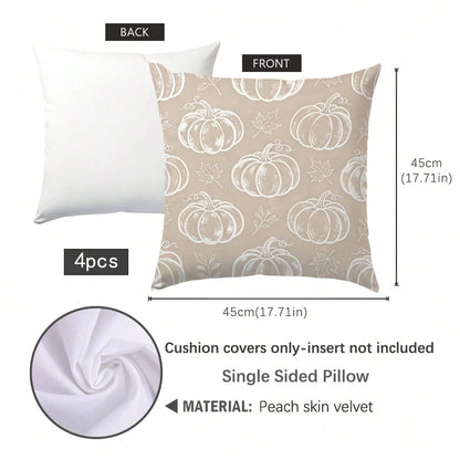 4pcs Milk Tea Color Line Pumpkin Plant Throw Pillow Covers, Single-Sided Printed Skin-Friendly Peach Skin Velvet Material, 45*45CM Cushion Covers Suitable For Home Bedroom Living Room Room Party Decor