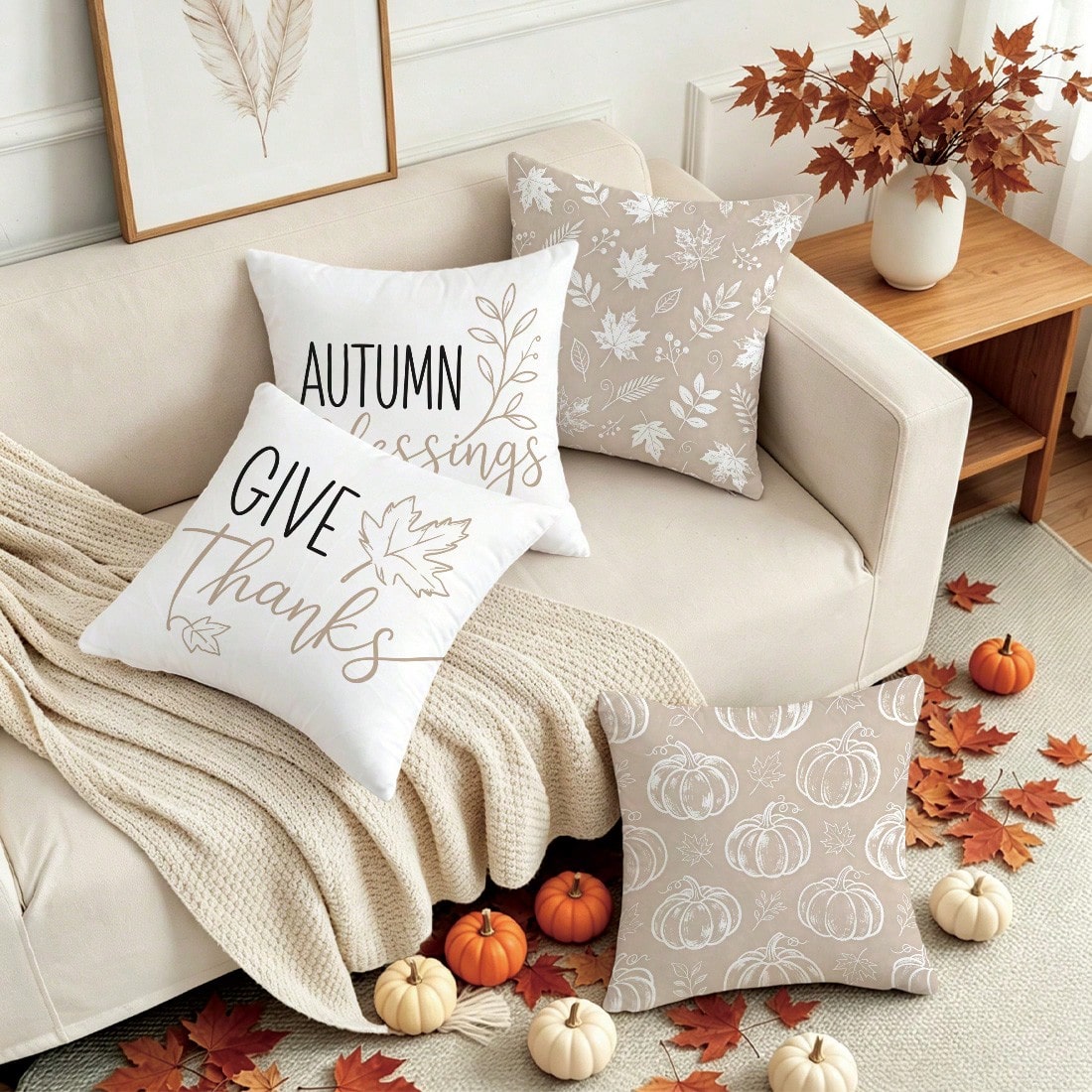 4pcs Milk Tea Color Line Pumpkin Plant Throw Pillow Covers, Single-Sided Printed Skin-Friendly Peach Skin Velvet Material, 45*45CM Cushion Covers Suitable For Home Bedroom Living Room Room Party Decor