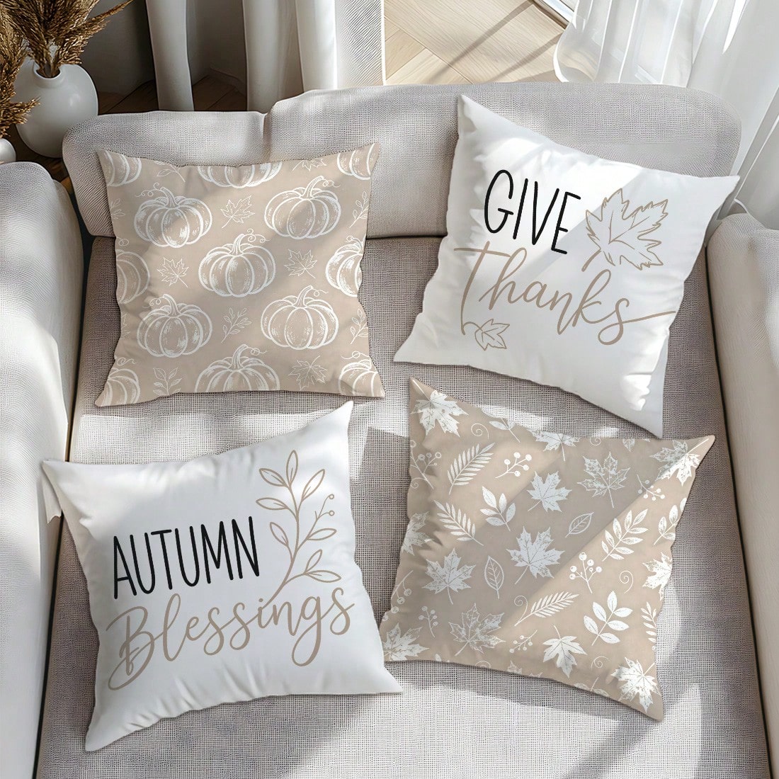 4pcs Milk Tea Color Line Pumpkin Plant Throw Pillow Covers, Single-Sided Printed Skin-Friendly Peach Skin Velvet Material, 45*45CM Cushion Covers Suitable For Home Bedroom Living Room Room Party Decor